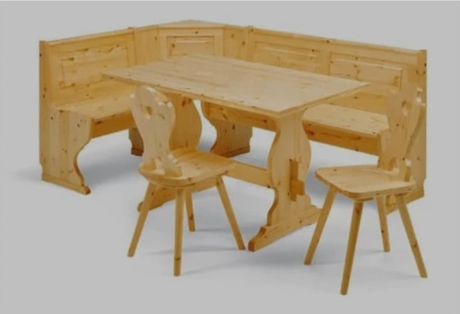 Giropanca Angolare Legno Pino + Tavolo Fisso + Sedie Tirolesi - Arredo Pub Chalet