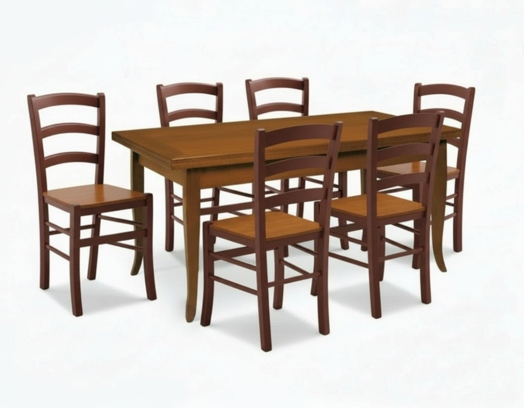 tavolo in arte povera allungabile con 6 sedie seduta legno tinta noce