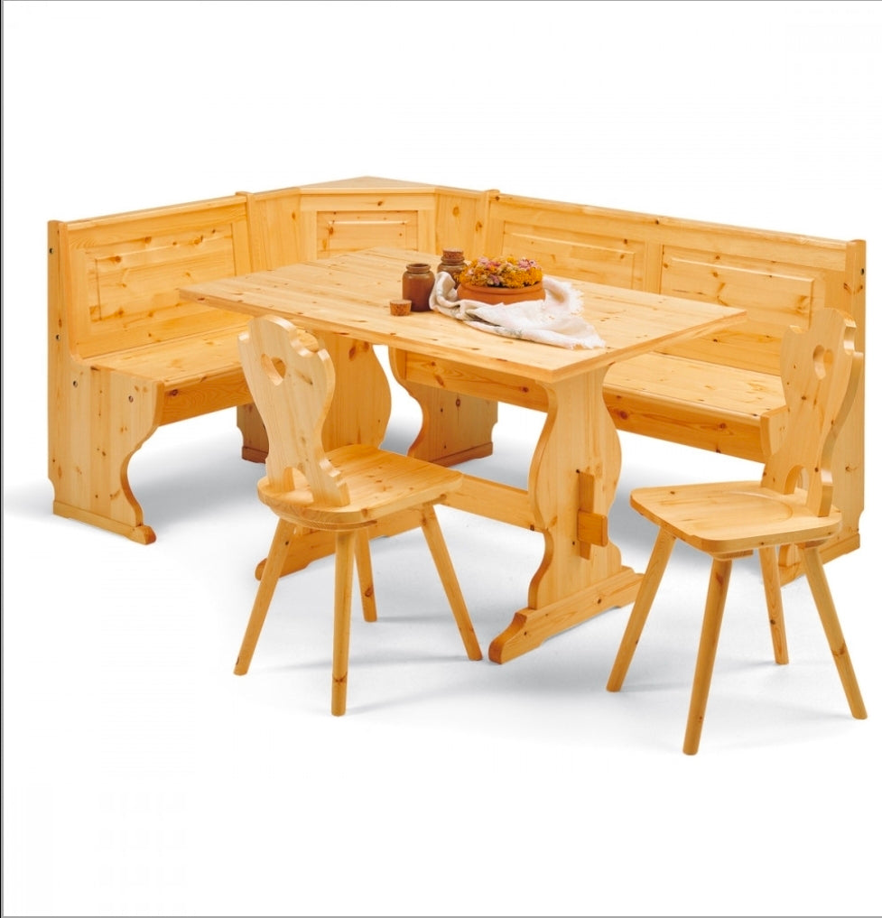 Angolo panca 133x173 con tavolo fratino e 03 sedie cuore in pino massello finitura grezzo