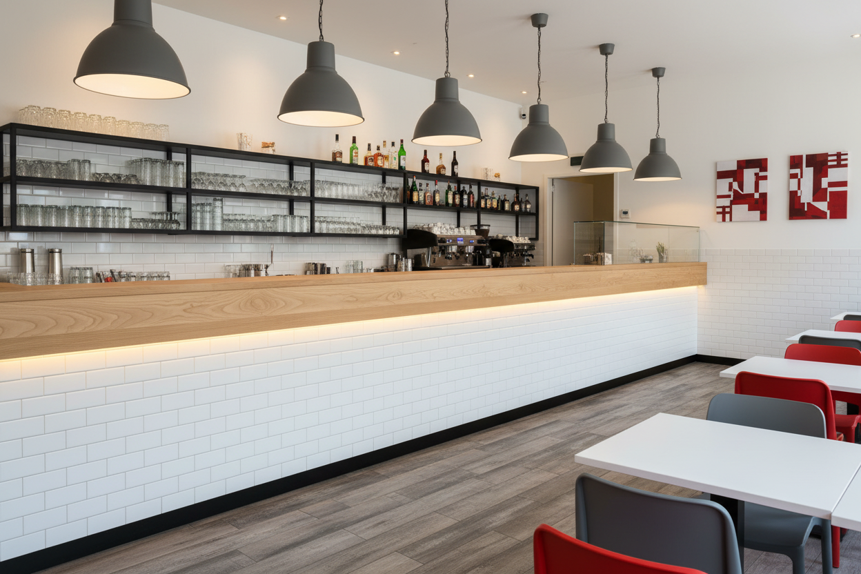 Arredo Completo Locale 80 mq - 20 Tavoli, 40 Posti e Bancone Bar 4m adatto per pizzeria e ristorante bistrot