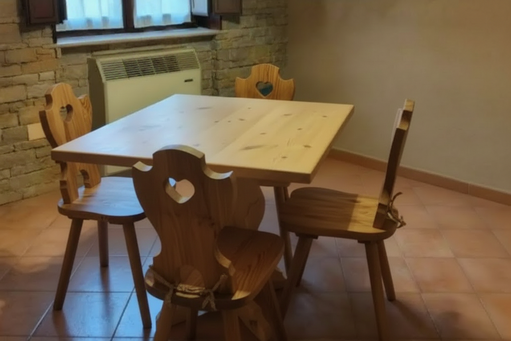 Set 4 Sedie con Cuore + Tavolo Quadrato 80x80x3 Gamba a Croce - Tinta Miele