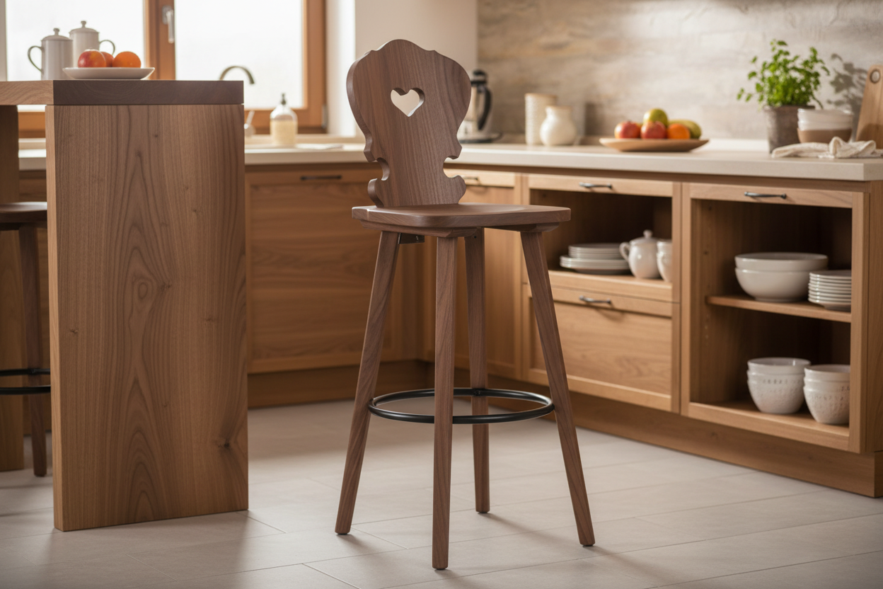 Sgabello Tirolese con Cuore Vienna SG - Altezza 76 cm colore noce pori aperti