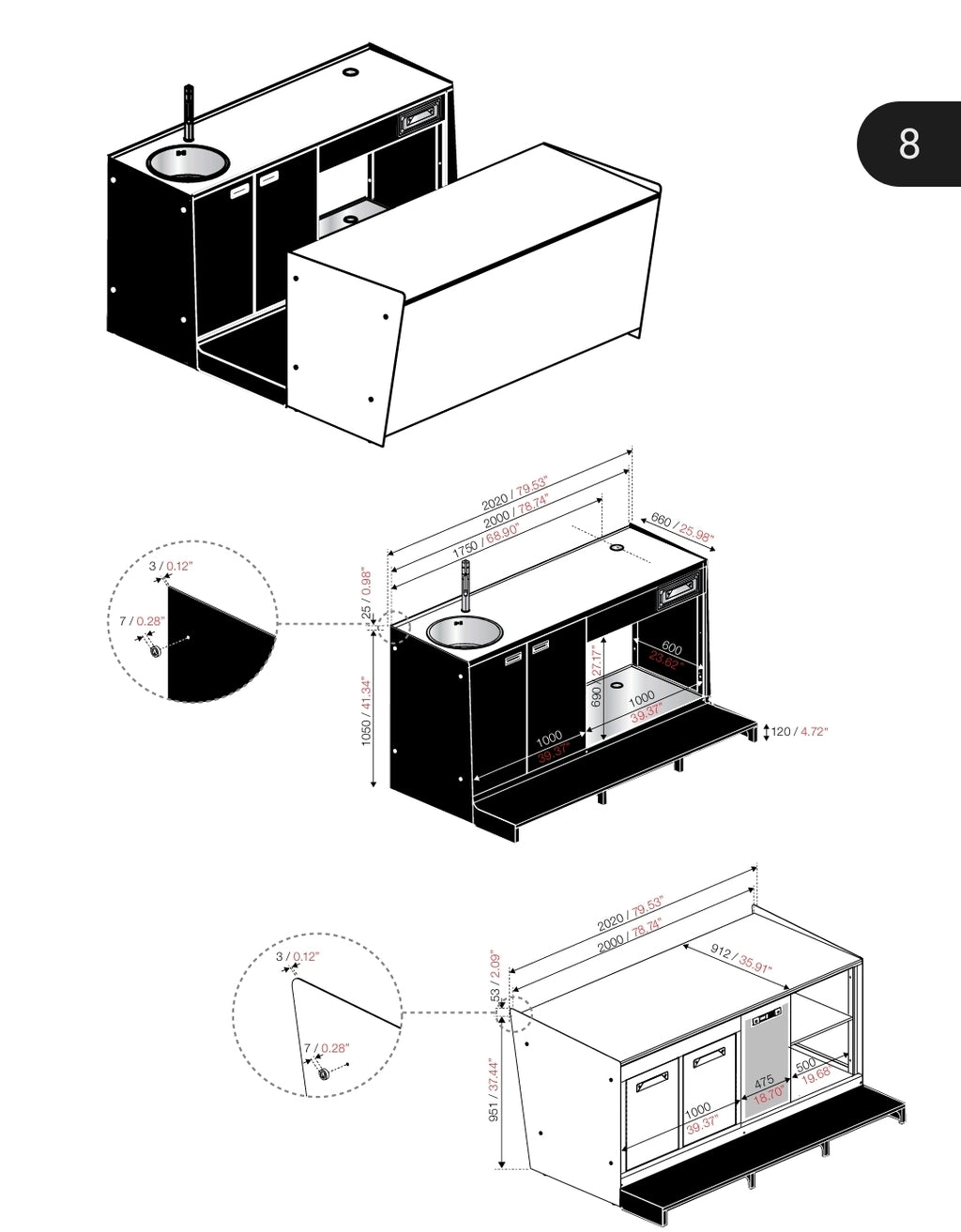 Bancone Bar 2.5m H95 Contract HoReCa - Artigianale Made in Italy