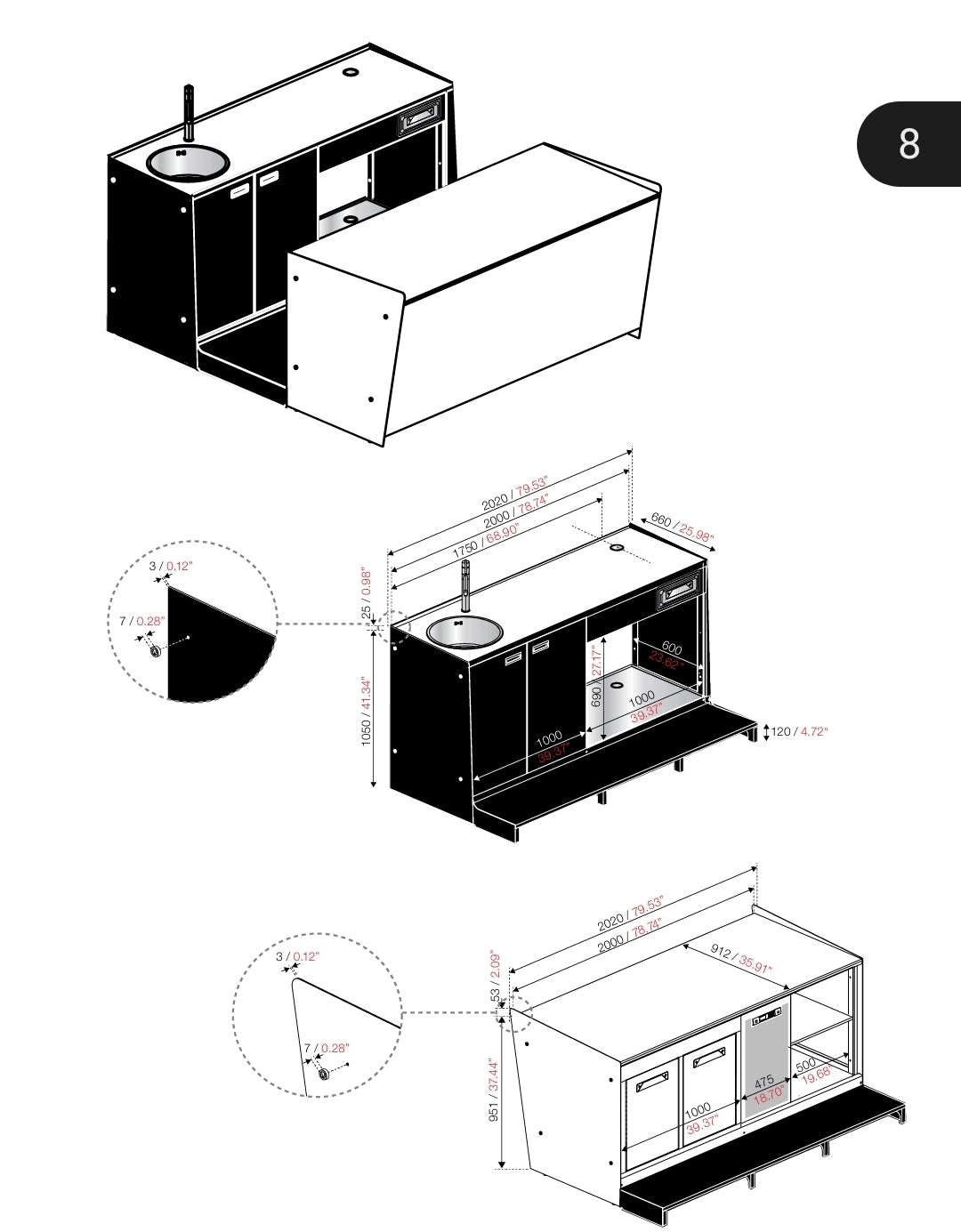 Bancone Bar 2.5m H95 Contract HoReCa - Artigianale Made in Italy