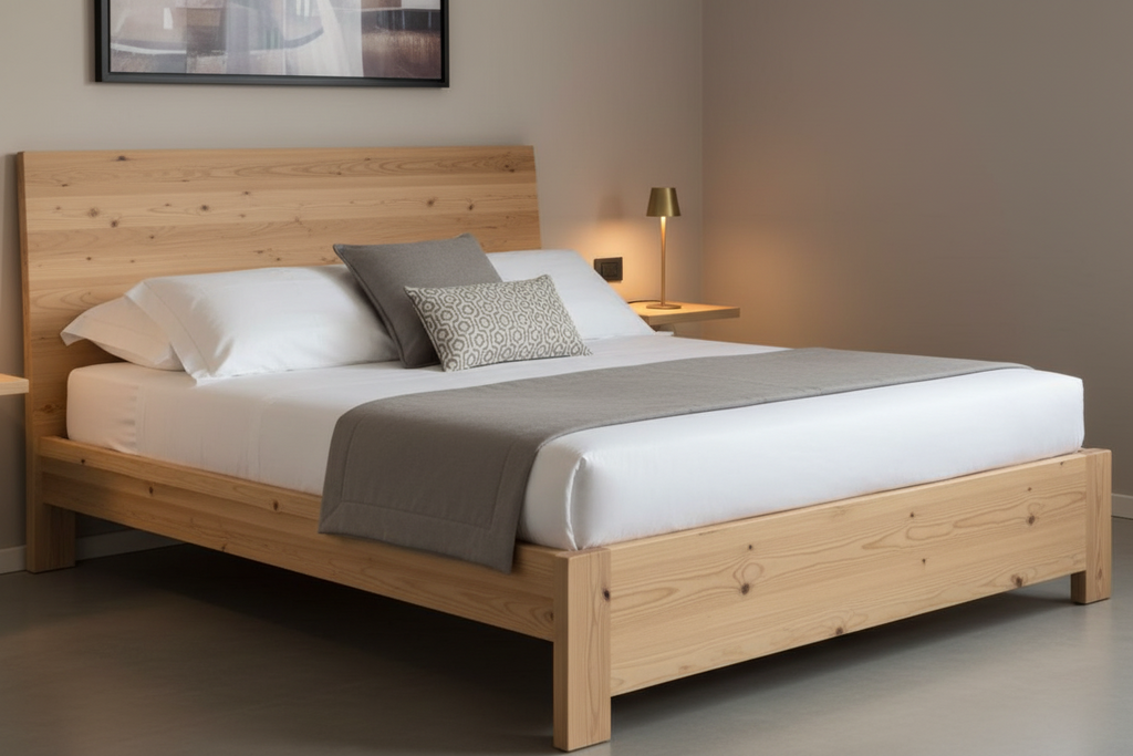 Letto matrimoniale in abete massello con testata imbottita