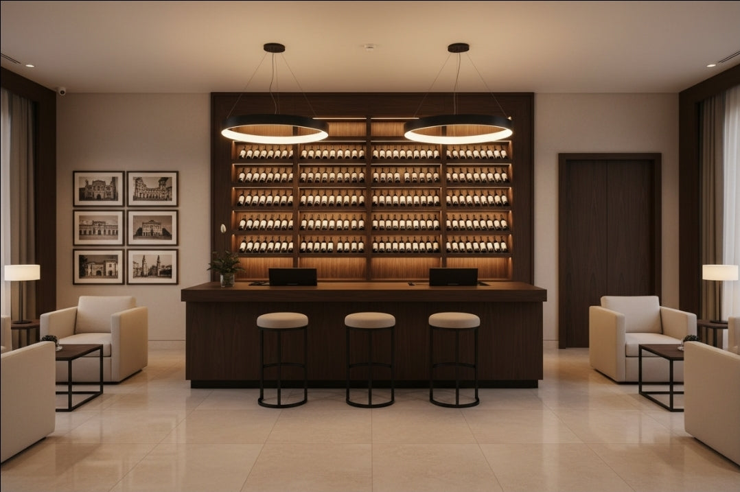 Bancone Bar neutro con  Struttura Legno Tinto Nero o bianco di  3 metri con Vetrina ESPOSITIVA  Neutra