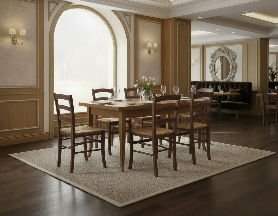 Set Completo Sala da Pranzo - Tavolo Allungabile Faggio Noce + 6 Sedie Paglia