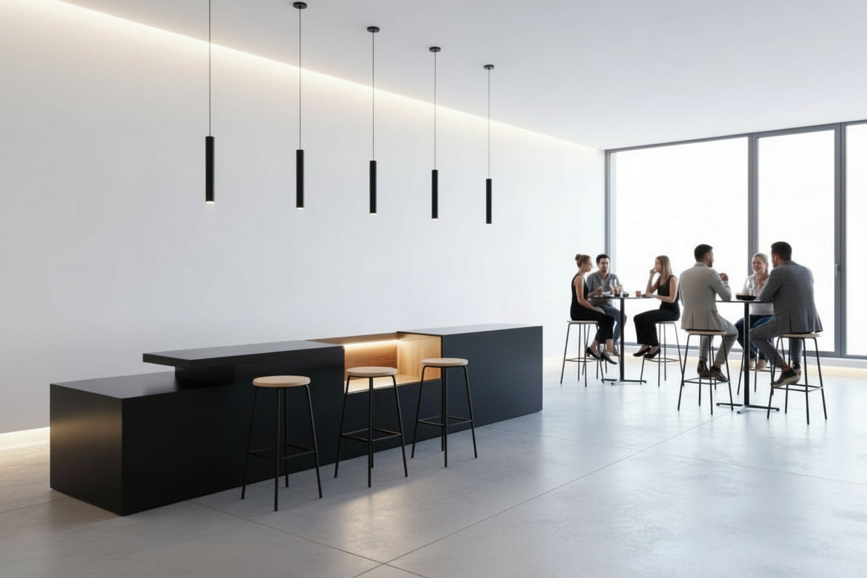 Bancone Bar neutro con  Struttura Legno Tinto Nero o bianco di  3 metri con Vetrina ESPOSITIVA  Neutra