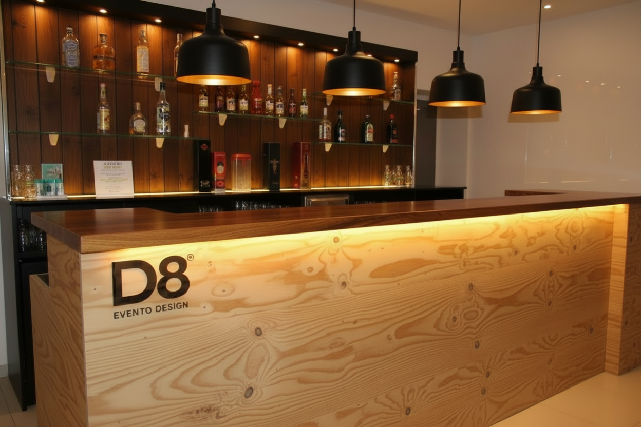 BANCO BAR D8 eventodesign completo di retro banco e alzata portabottiglie