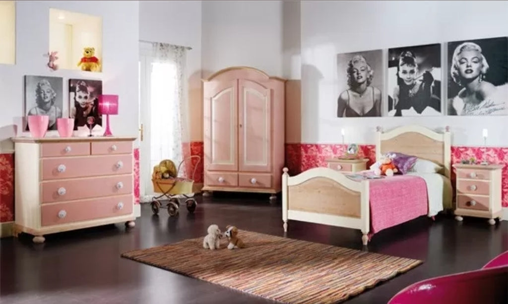 CAMERETTA DA LETTO SINGOLO LEGNO MASSELLO COLORE ROSA
