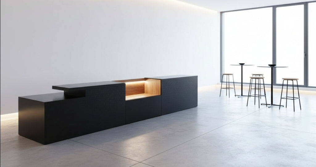 Bancone Bar neutro con  Struttura Legno Tinto Nero o bianco di  3 metri con Vetrina ESPOSITIVA  Neutra