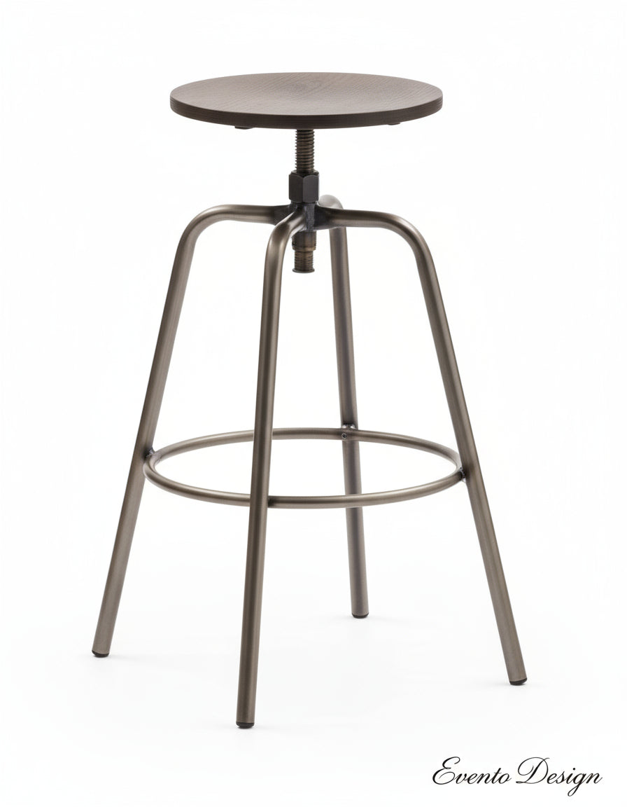 Sgabello girevole SCUOLA fusto canna di fucile con seduta noce invecchiato