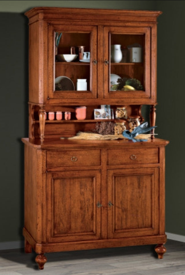 Credenza Classica in Legno Massello di Pioppo con Alzata e Ante in Vetro