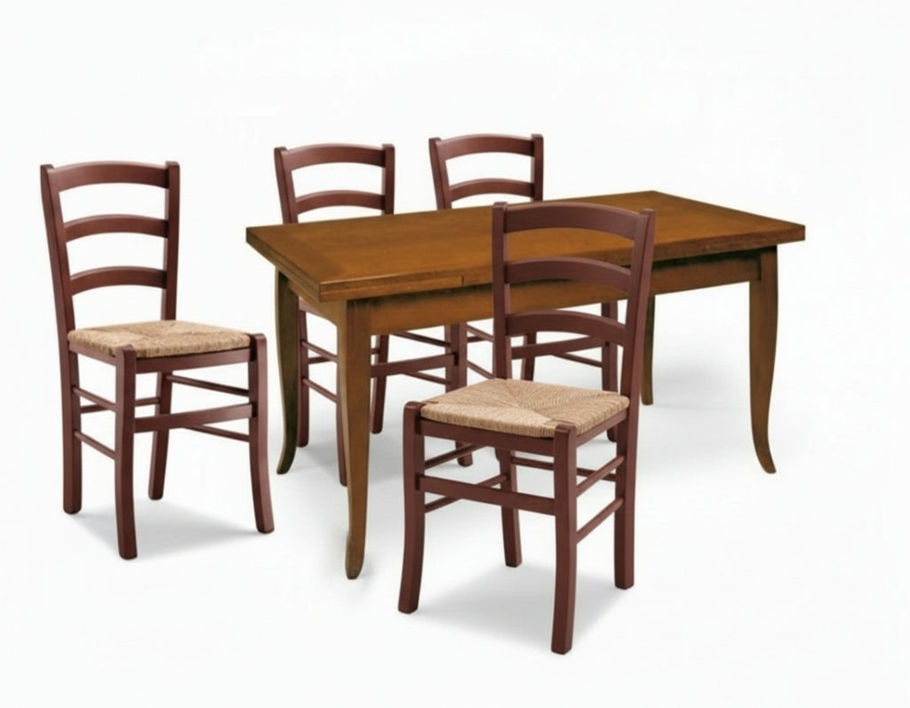 Tavolo Arte Povera 120cm con 2 Allunghe e 4 Sedie Sedile Paglia