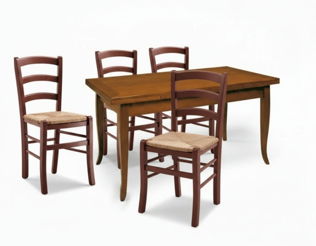 Tavolo Arte Povera 140x80 cm con 2 Allunghe e 4 Sedie Sedile Paglia