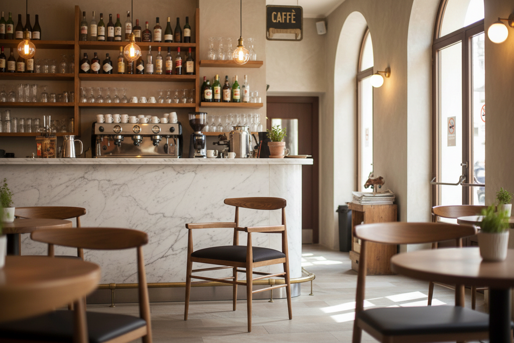 Poltroncina vintage bistrot in legno massello con seduta in ecopelle e braccioli, perfetta per arredare ristoranti, bar, pizzerie e hotel