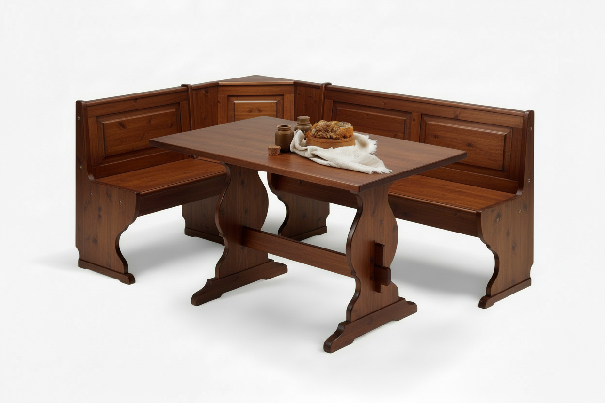 Angolo panca  misura 133x193 con cassonetto e tavolo fratino 130x80 tinta noce con tre sedie cuore tinta noce