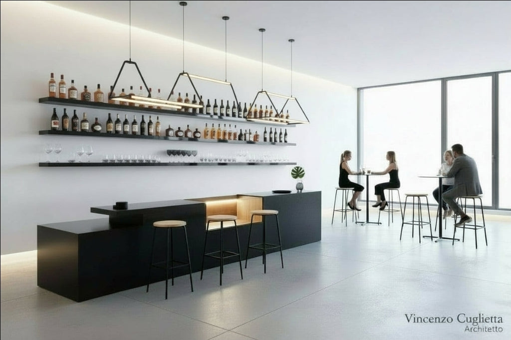 Bancone Bar neutro con  Struttura Legno Tinto Nero o bianco di  3 metri con Vetrina ESPOSITIVA  Neutra