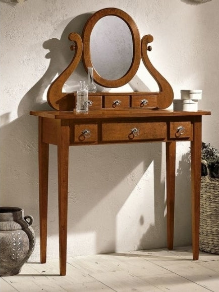 Consolle con Specchiera Ballerina e Cassettini Portagioie - Finitura Noce