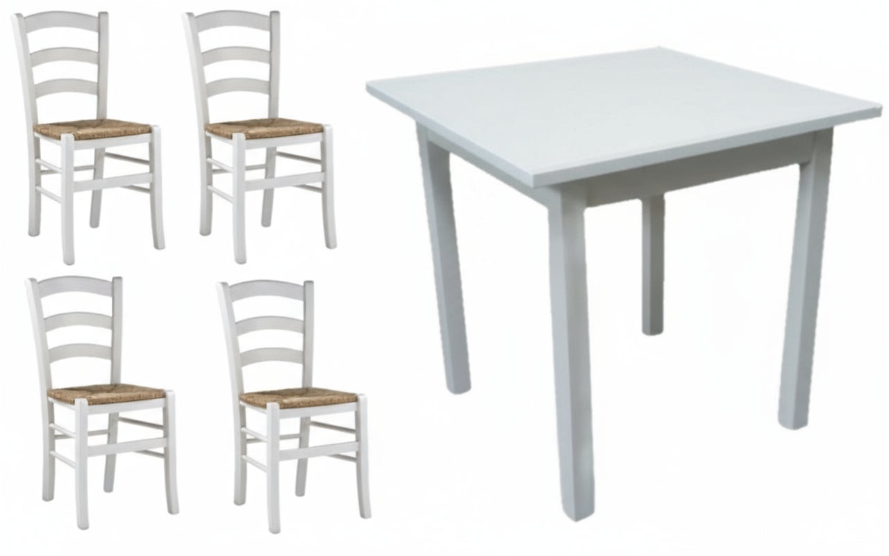 Set Tavolo 80x80 + 4 Sedie Impagliate Bianco Anilina - Arredo Ristorante Shabby Chic