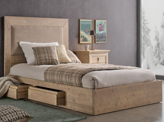 Letto 1 Piazza e Mezza Abete Massello con Testata Imbottita e 4 Cassetti