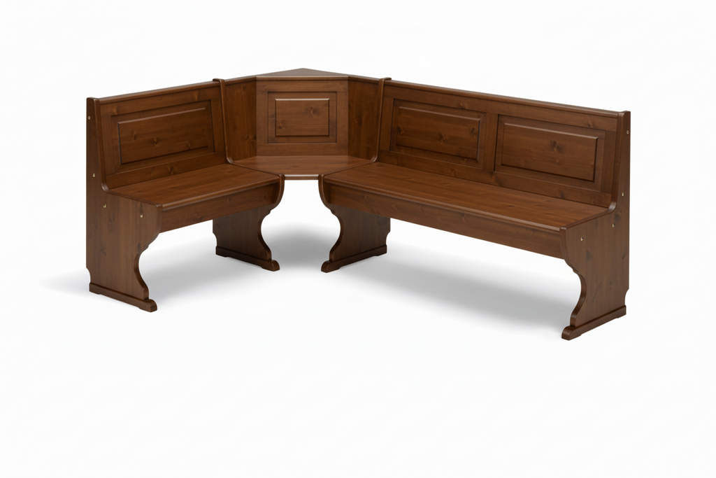 Angolo panca  misura 133x173 con cassonetto e tavolo fratino 130x80 e due sedie cuore tinta noce