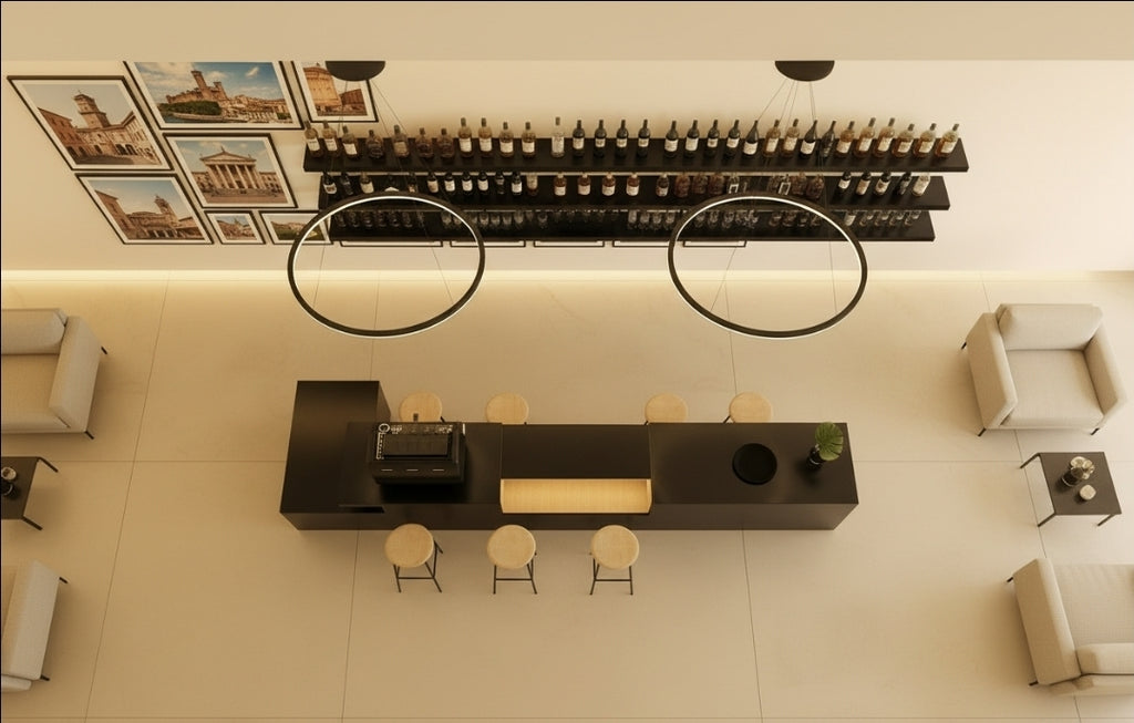 Bancone Bar neutro con  Struttura Legno Tinto Nero o bianco di  3 metri con Vetrina ESPOSITIVA  Neutra