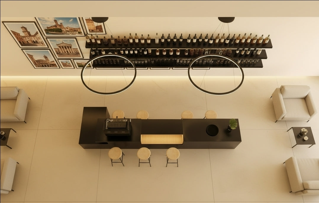 Bancone Bar neutro con  Struttura Legno Tinto Nero o bianco di  3 metri con Vetrina ESPOSITIVA  Neutra