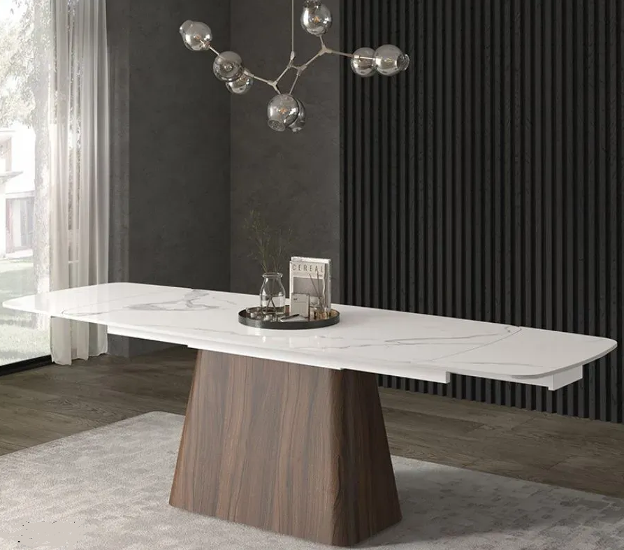Tavolo Allungabile con Piano in Ceramica e Base in Metallo Rivestito – Stile Contemporaneo – Made in Italy – 160/240×90 – H 76 cm