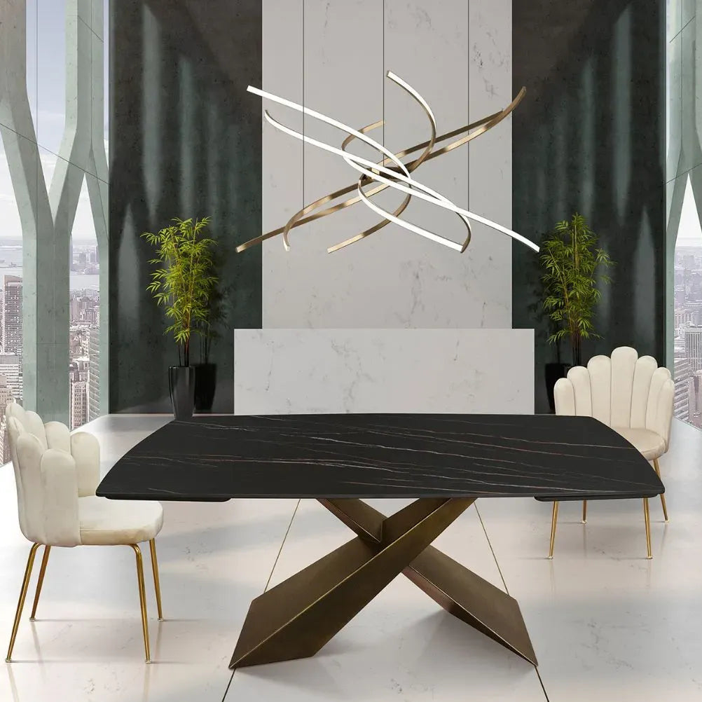 Tavolo Effetto Marmo Allungabile con Piano in Ceramica e Gambe in Metallo Bronzo – Stile Moderno – Made in Italy – 160/240×90 cm, 180/260×90 cm – H 76 cm