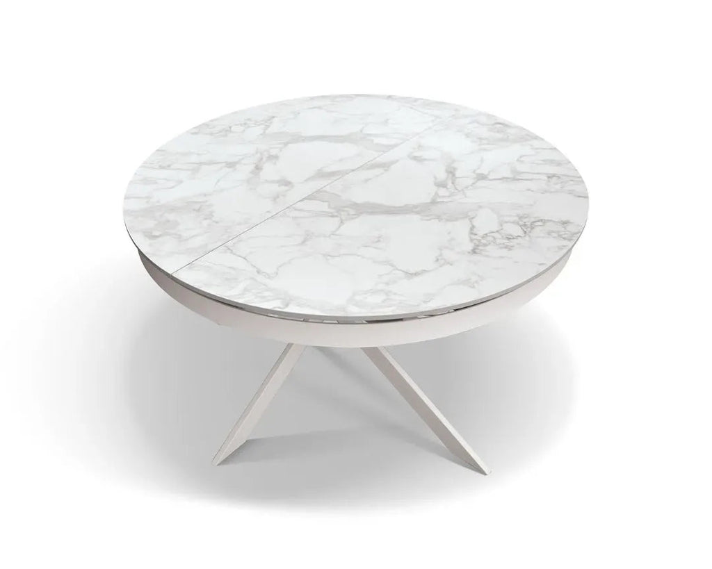 Tavolo Rotondo Allungabile in Ceramica Arabesco e Gambe in Metallo – Stile Moderno Contemporaneo – Made in Italy – Ø 120 cm / 170×120 cm – H 77 cm