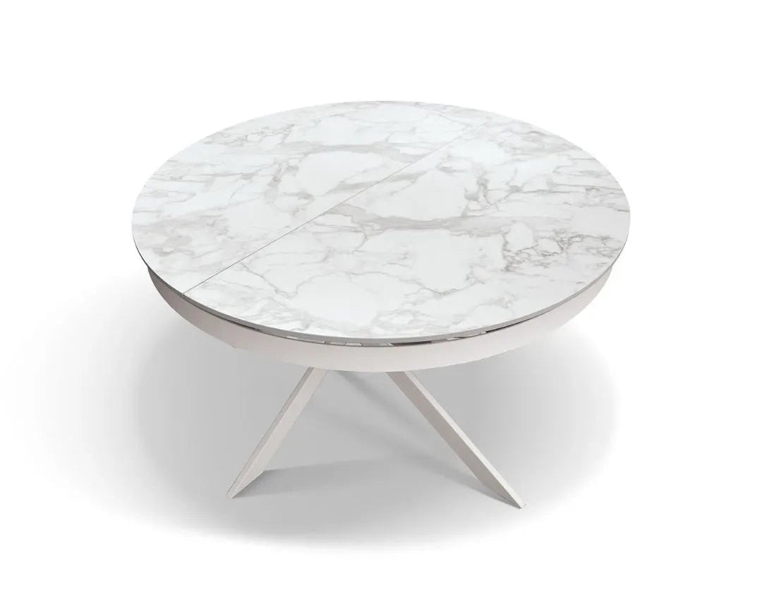 Tavolo Rotondo Allungabile in Ceramica Arabesco e Gambe in Metallo – Stile Moderno Contemporaneo – Made in Italy – Ø 120 cm / 170×120 cm – H 77 cm