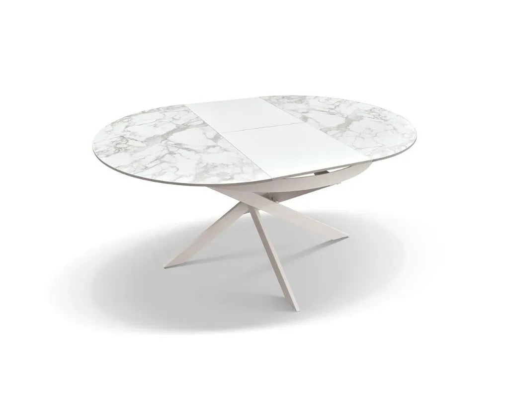 Tavolo Rotondo Allungabile in Ceramica Arabesco e Gambe in Metallo – Stile Moderno Contemporaneo – Made in Italy – Ø 120 cm / 170×120 cm – H 77 cm