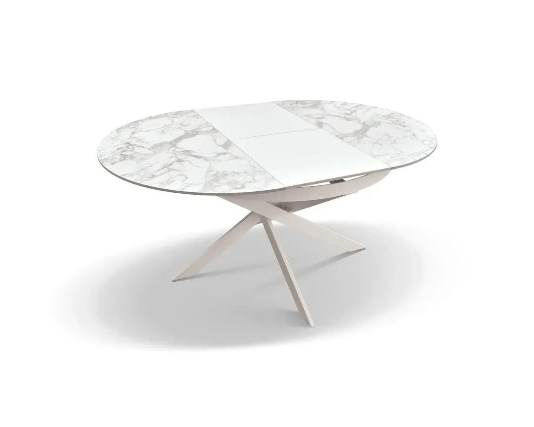 Tavolo Rotondo Allungabile in Ceramica Arabesco e Gambe in Metallo – Stile Moderno Contemporaneo – Made in Italy – Ø 120 cm / 170×120 cm – H 77 cm
